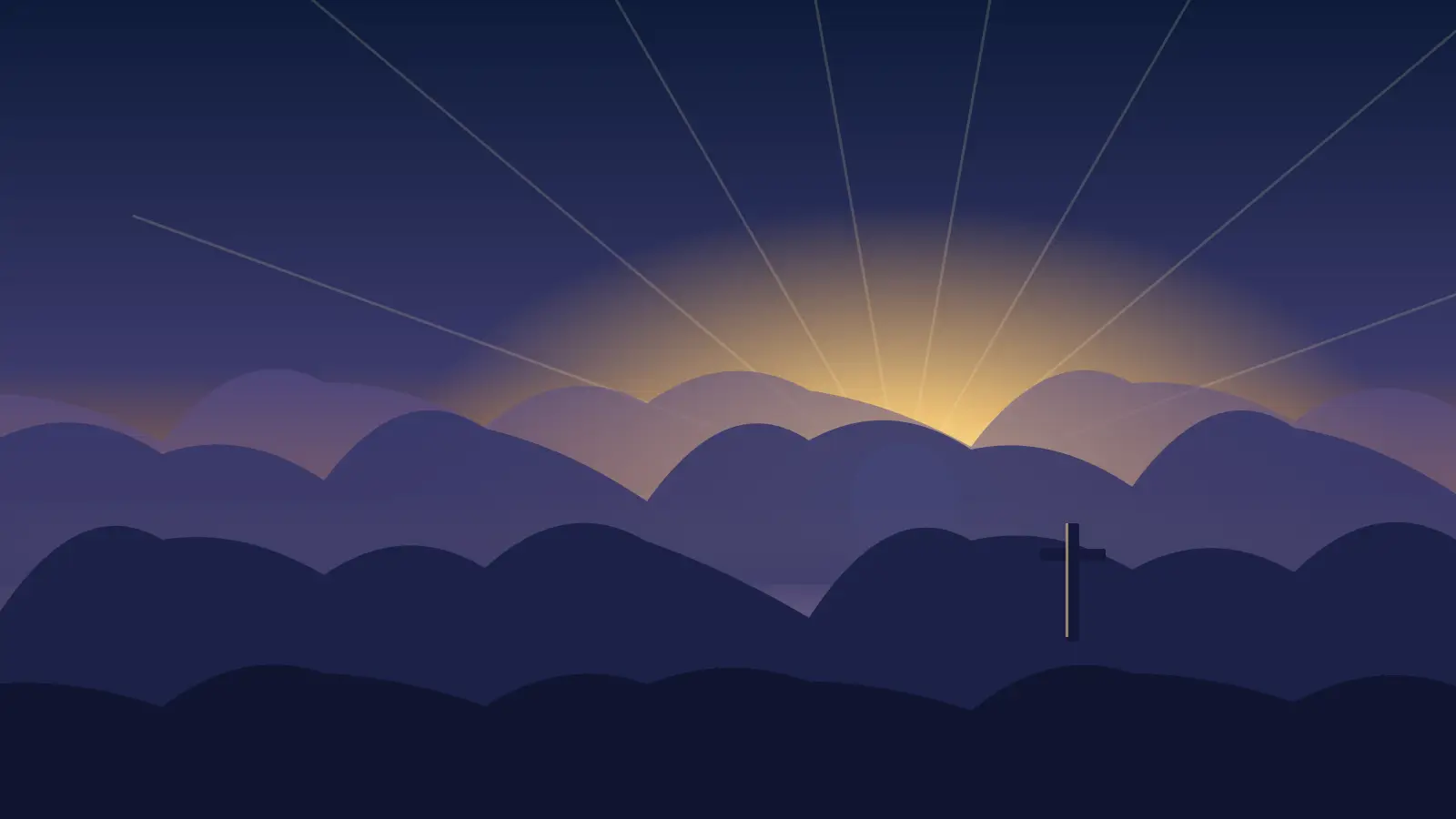 Misty mountain ridges at dawn with a cross on a hill