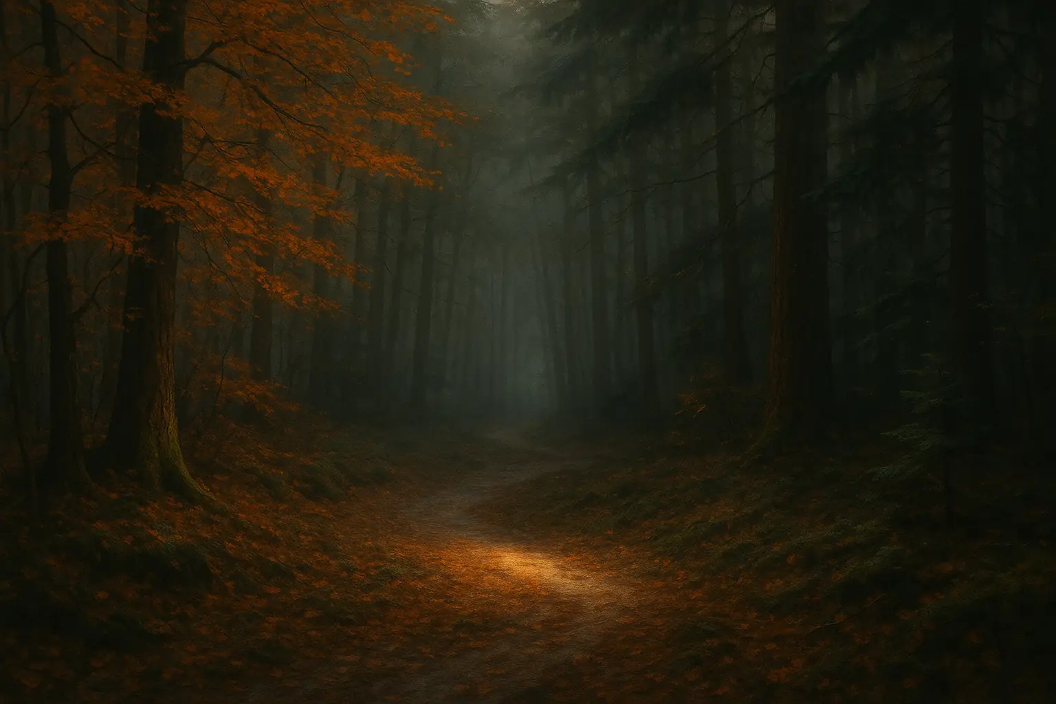 A forest path in late autumn with a single shaft of sunlight falling on it